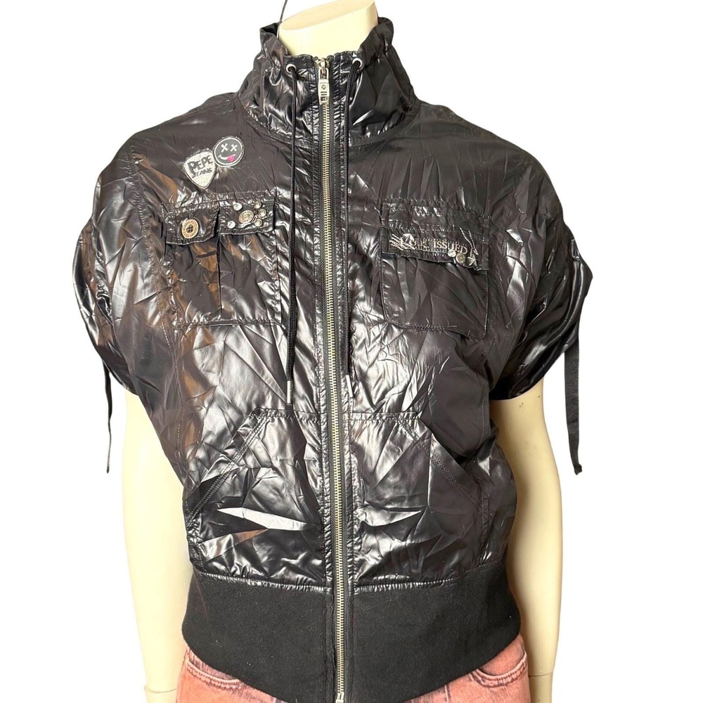 Vintage Y2K Pepe Jeans London Jacket Shiny Black Cybercore Baddie Gothic L